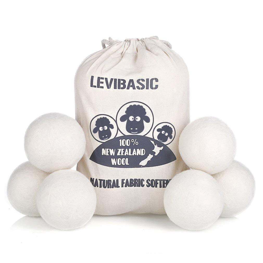 LEVIBASIC Wool Dryer Balls 6 Pack XL, Genuine New Zealand Wool to Core, 100% Organic Fabric Softener Alternative, Baby Safe & Chemical Free, Reduce