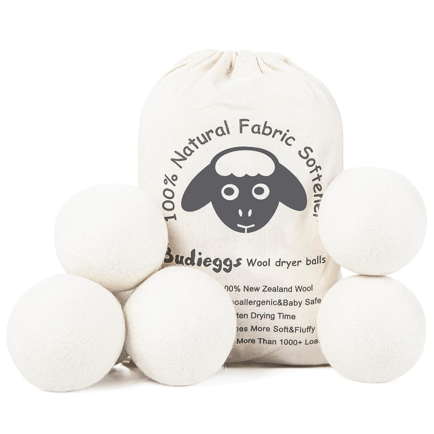 Budieggs Wool Dryer Balls Organic XL 6-Pack, 100% New Zealand Wool Chemical Free Fabric Softener for 1000+ Loads, Baby Safe & Hypoallergenic, Fabrics