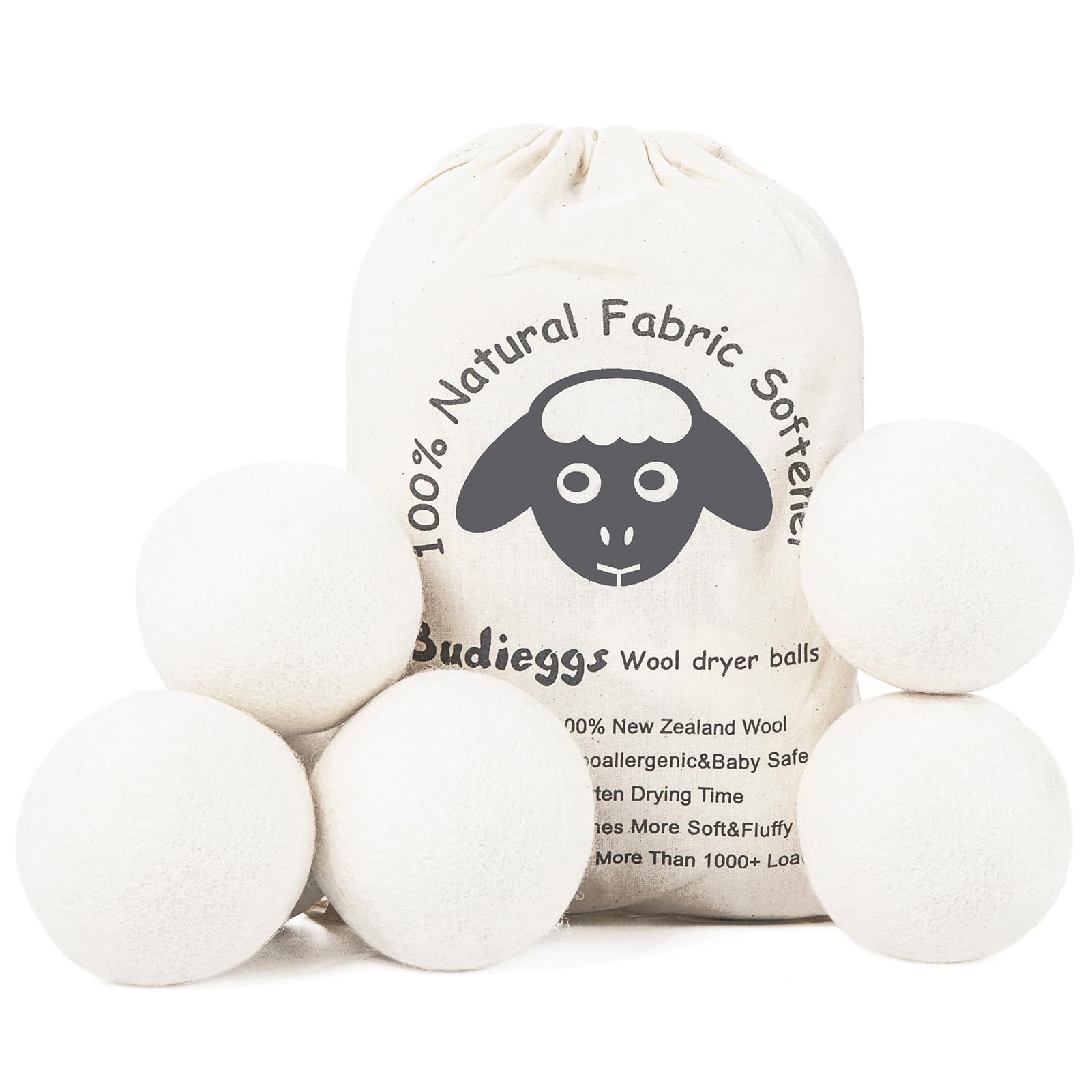 Budieggs Wool Dryer Balls Organic XL 6-Pack, 100% New Zealand Wool Chemical Free Fabric Softener for 1000+ Loads, Baby Safe & Hypoallergenic, Fabrics