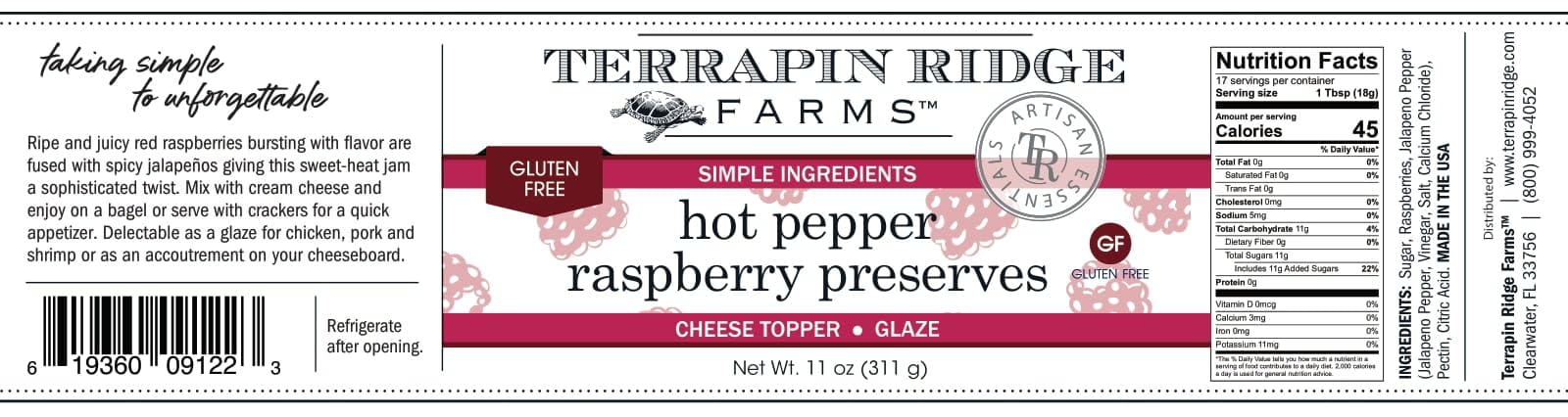 Terrapin Ridge Farms Hot Pepper Raspberry Preserves - Sweet & Spicy Blend of Ripe Raspberries & Jalapeños - Perfect for Bagels, Glazes, and Appetizers