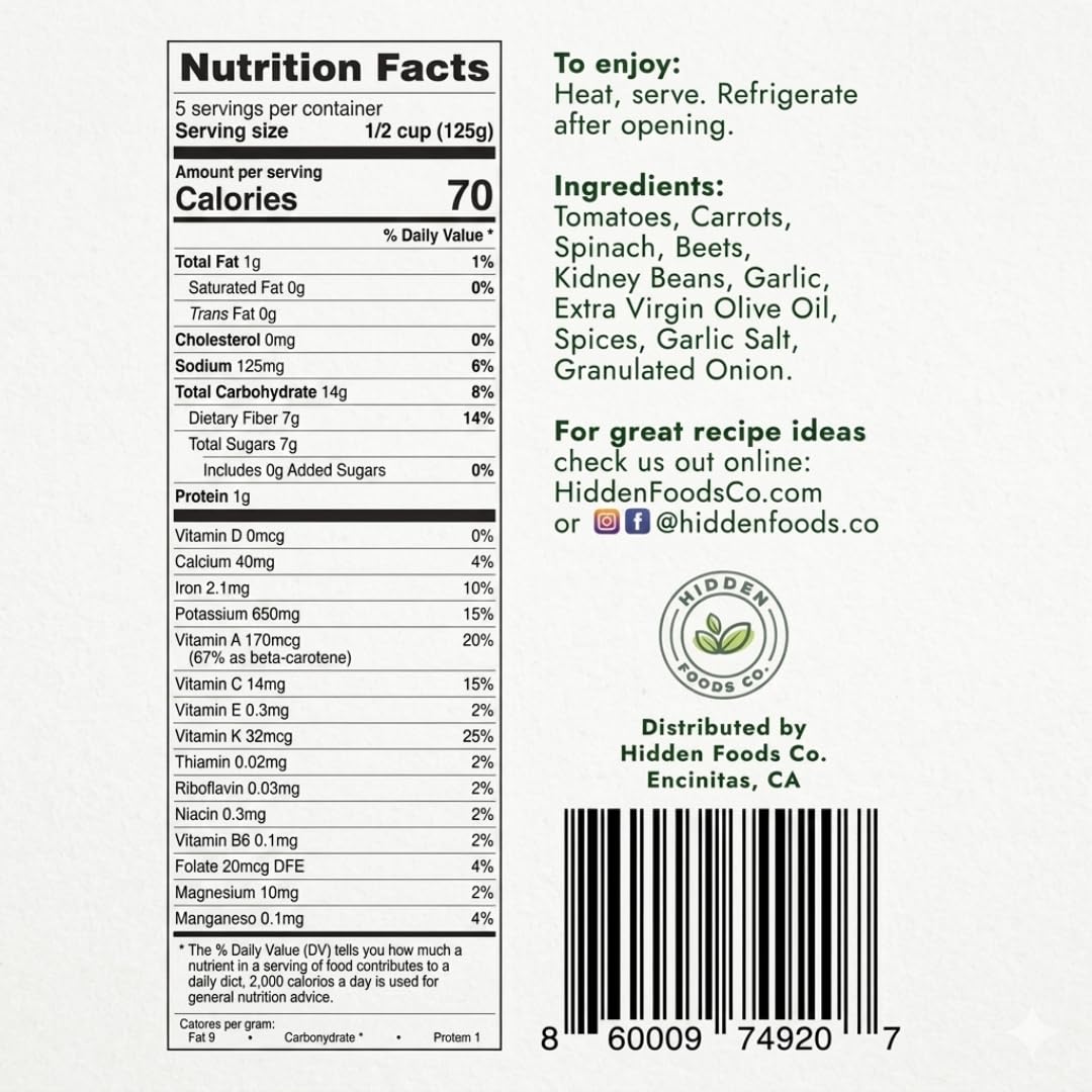 Hidden Foods Slow Cooked Marinara Sauce with Natural Vegetables, 24 oz. Jar, Low Carb and Low Sodium, No Sugar Added, Thick and Delicious Flavor
