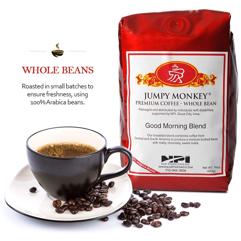 Jumpy Monkey® Coffee Good Morning Blend Whole Bean Coffee, Medium Dark Roast Arabica Coffee, For Cold Brew, French Press, Espresso Machine, 16 Ounce