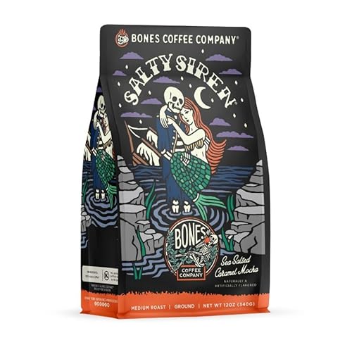 Bones Coffee Company Decaf Salty Siren, Sea Salted Caramel Chocolate Decaffeinated Flavored Coffee, Medium Roast Low Acid Arabica Beans For Auto drip