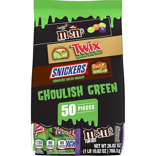 M&M'S Milk Chocolate Ghoul's Mix, SNICKERS & TWIX Ghoulish Green Fun Size Bulk Halloween Chocolate Candy Assortment, 26.82 oz, 50 Piece Bag