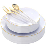 DaYammi 150Pcs Gold Plastic Plates with Disposable Silverware,White Gold Disposable Dinnerware Set - 30 Dinner Plate,30 Dessert Plate,90 Gold Cutlery