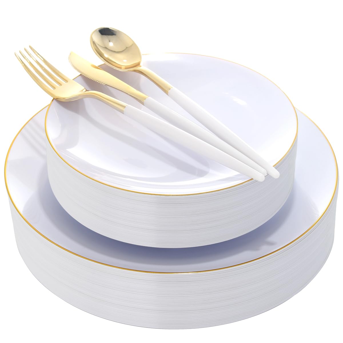 DaYammi 150Pcs Gold Plastic Plates with Disposable Silverware,White Gold Disposable Dinnerware Set - 30 Dinner Plate,30 Dessert Plate,90 Gold Cutlery