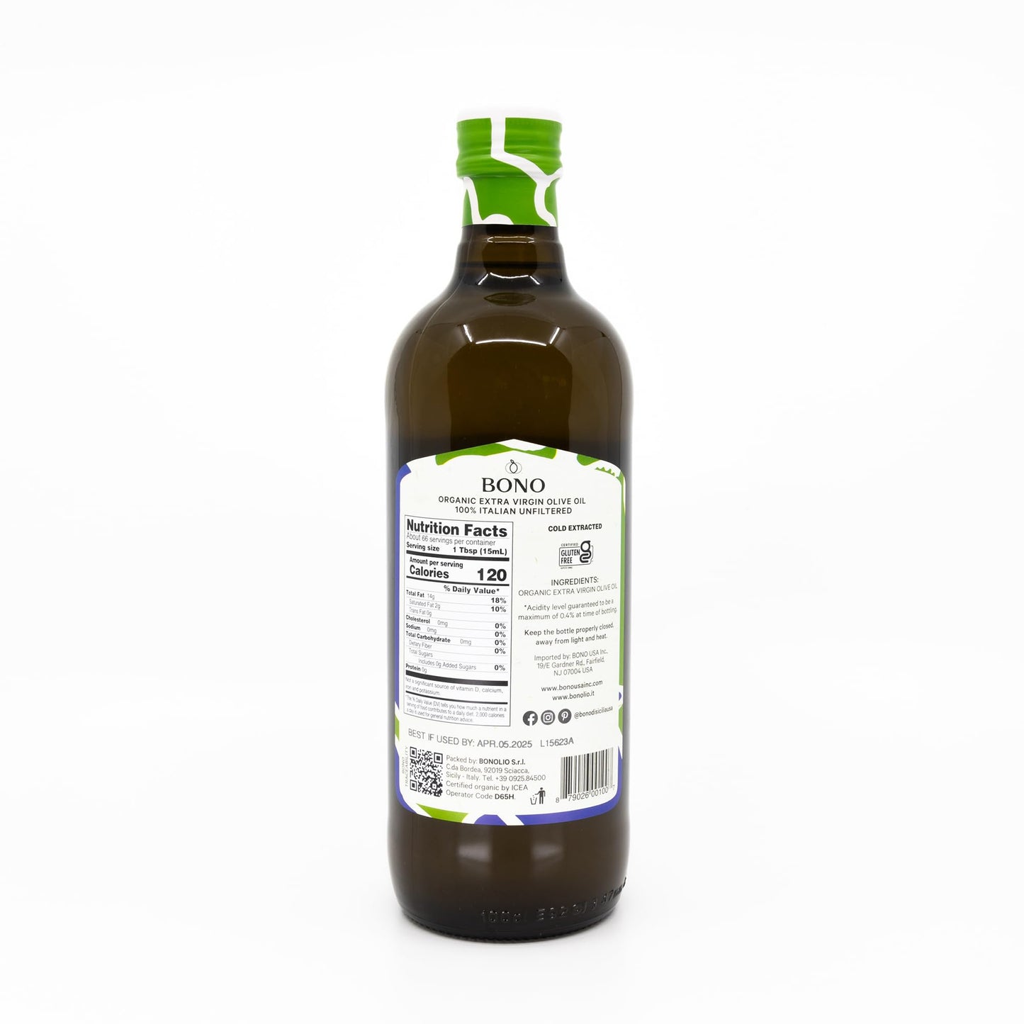 Bono Organic Unfiltered Italian Extra Virgin Olive Oil 33.8 fl oz | 100% Italian, Cold Extracted, First Cold Pressed, USDA Certified Organic EVOO
