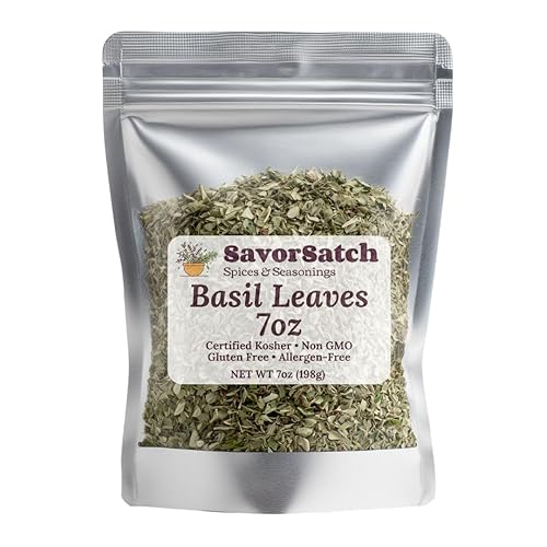 SavorSatch Dried Basil Leaves 7oz - Egyptian Premium Herb, Kosher Certified, Resealable Stand-Up Pouch, Aromatic Sweet Basil for Cooking, Sauces