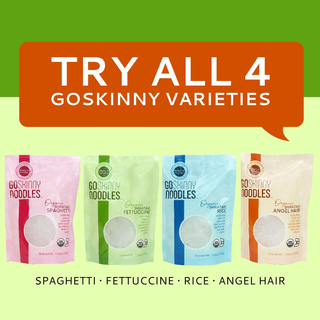GoSkinny Noodles Combo (12 Pack), Spaghetti, Fettuccine and Rice, Organic Shirataki & Konjac, Low Carb, Low Calorie, Gluten Free, Vegan, Keto, Ready