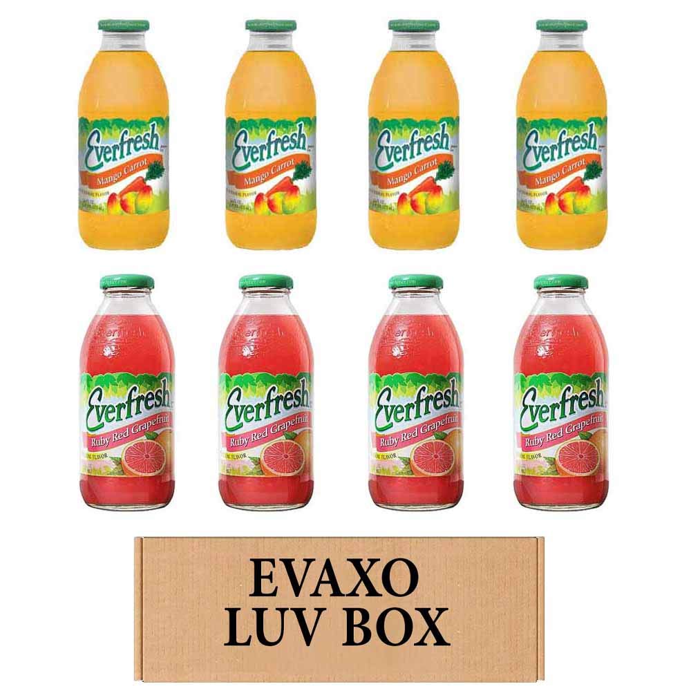 LUV BOX- variety Everfresh Juice 16 oz. pack of 8 , Everfresh Mango Carrot , Everfresh Ruby Red Grapefruit. by evaxo
