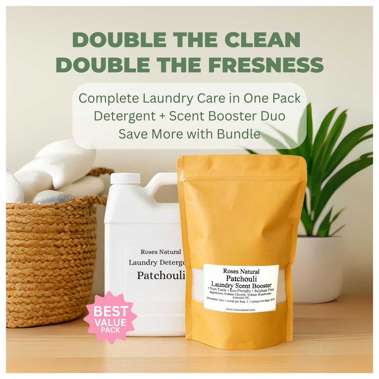 Patchouli Laundry Detergent and Scent Booster Bundle, 32 oz Detergent, 16 oz Booster, Natural Laundry Set, Eco-friendly, Patchouli Essential Oil
