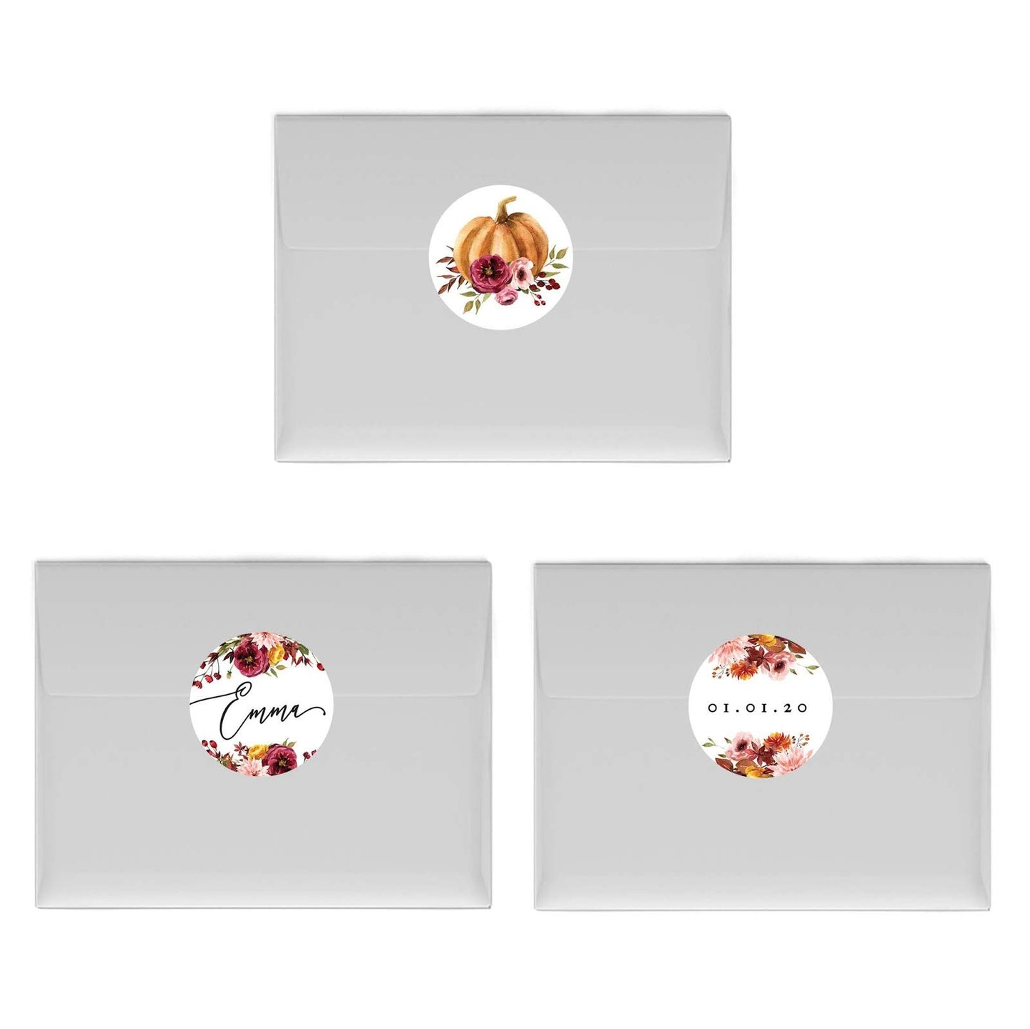 Andaz Press Fall Burgundy Marsala Baby Shower Party Collection, Personalized Chocolate Drop Label Stickers Trio, Custom Name, Date, Marsala Floral