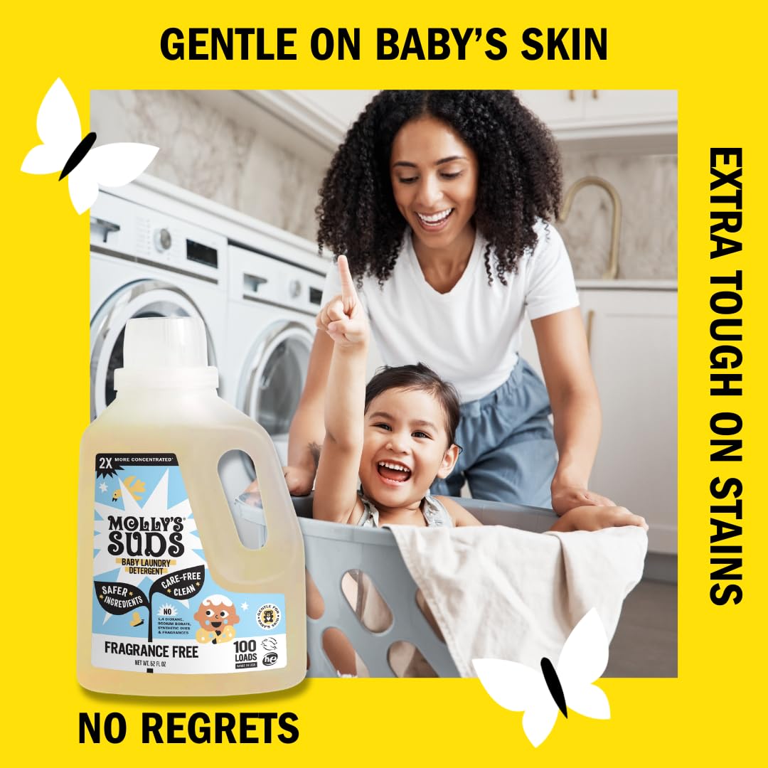 Molly's Suds Baby Liquid Laundry Detergent | Removes Formula, Poop & Spit-Up Stains | Extra Gentle for Infants, Babies, Toddlers (Fragrance Free, 100