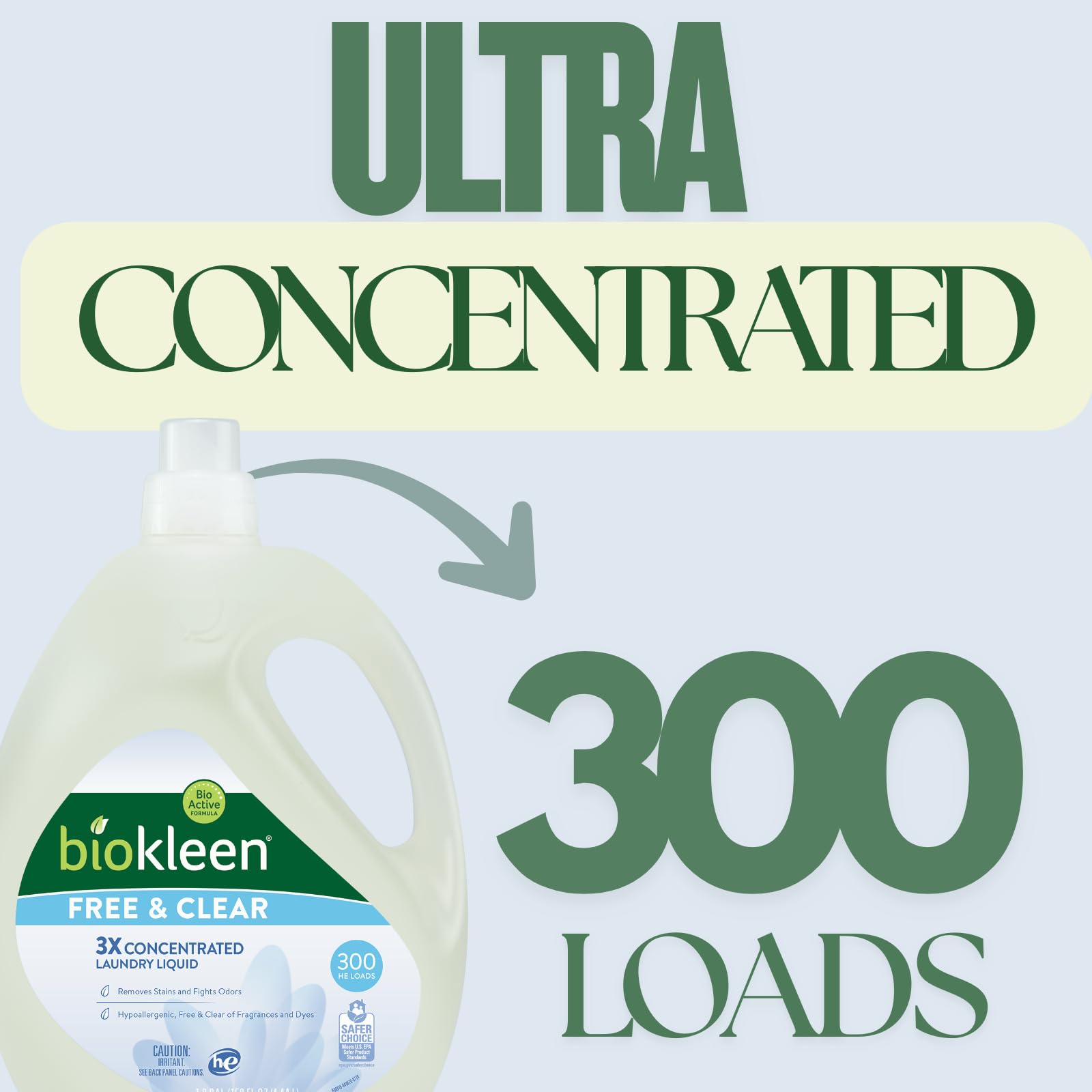 Biokleen Free & Clear Natural 3X Concentrated Liquid Laundry Detergent, 300 Loads, Plant-Based, Hypoallergenic, Removes Stains & Fights Odors, Dye