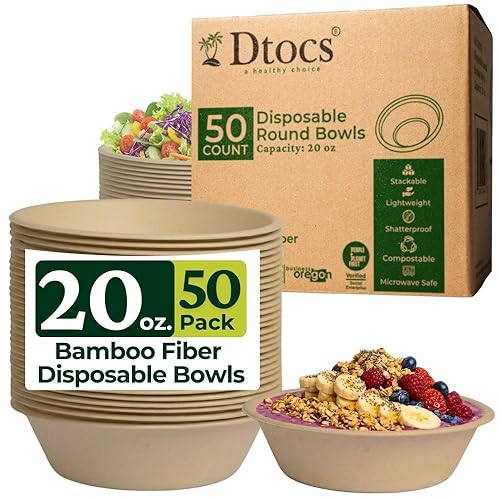 Dtocs Bamboo Fiber Disposable Bowls - 20 Oz, 50 Pk | Bamboo Round Bowl | Microwavable Bagasse Bowl like Soup, Cake, Salsa, Salad bowls | Disposable