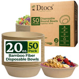 Dtocs Bamboo Fiber Disposable Bowls - 20 Oz, 50 Pk | Bamboo Round Bowl | Microwavable Bagasse Bowl like Soup, Cake, Salsa, Salad bowls | Disposable