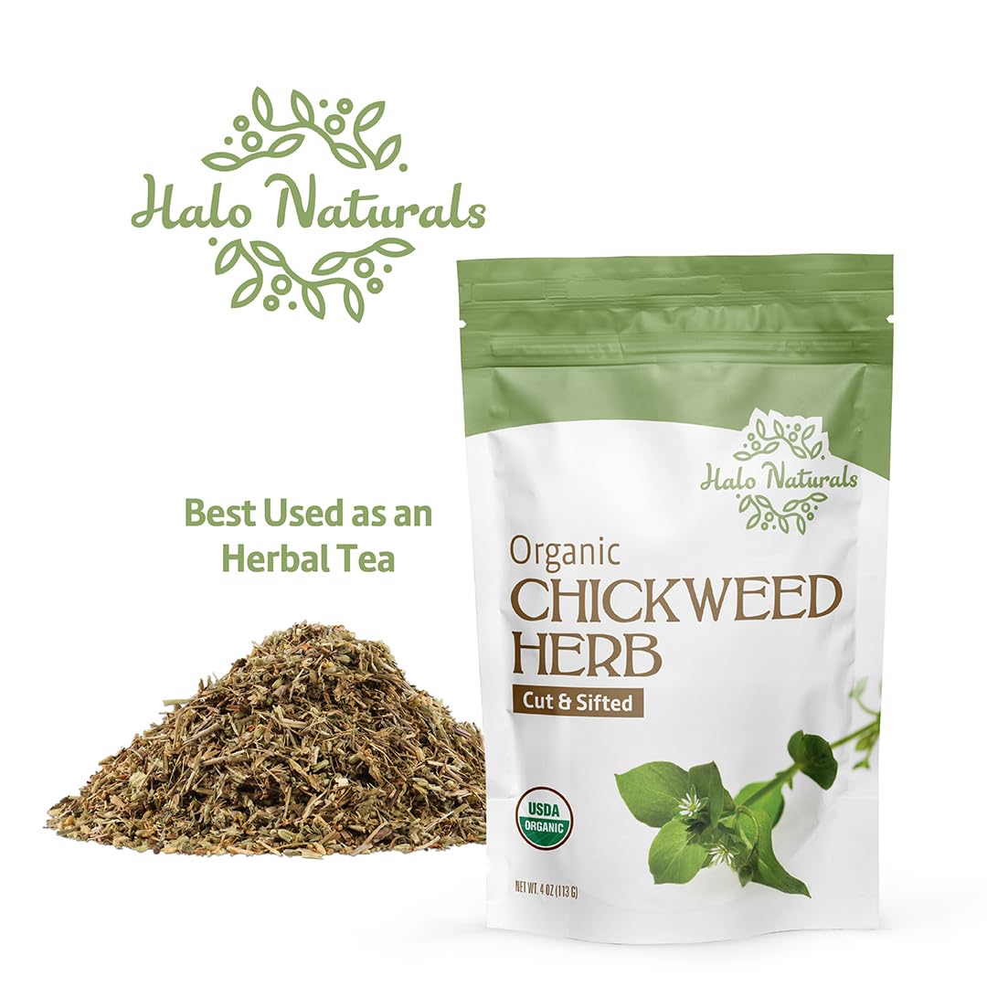 Halo Naturals Organic Chickweed Herb Cut & Sifted, 4 Ounces (Stellaria media) USDA Certified | Resealable Pouch| Packaged in The USA