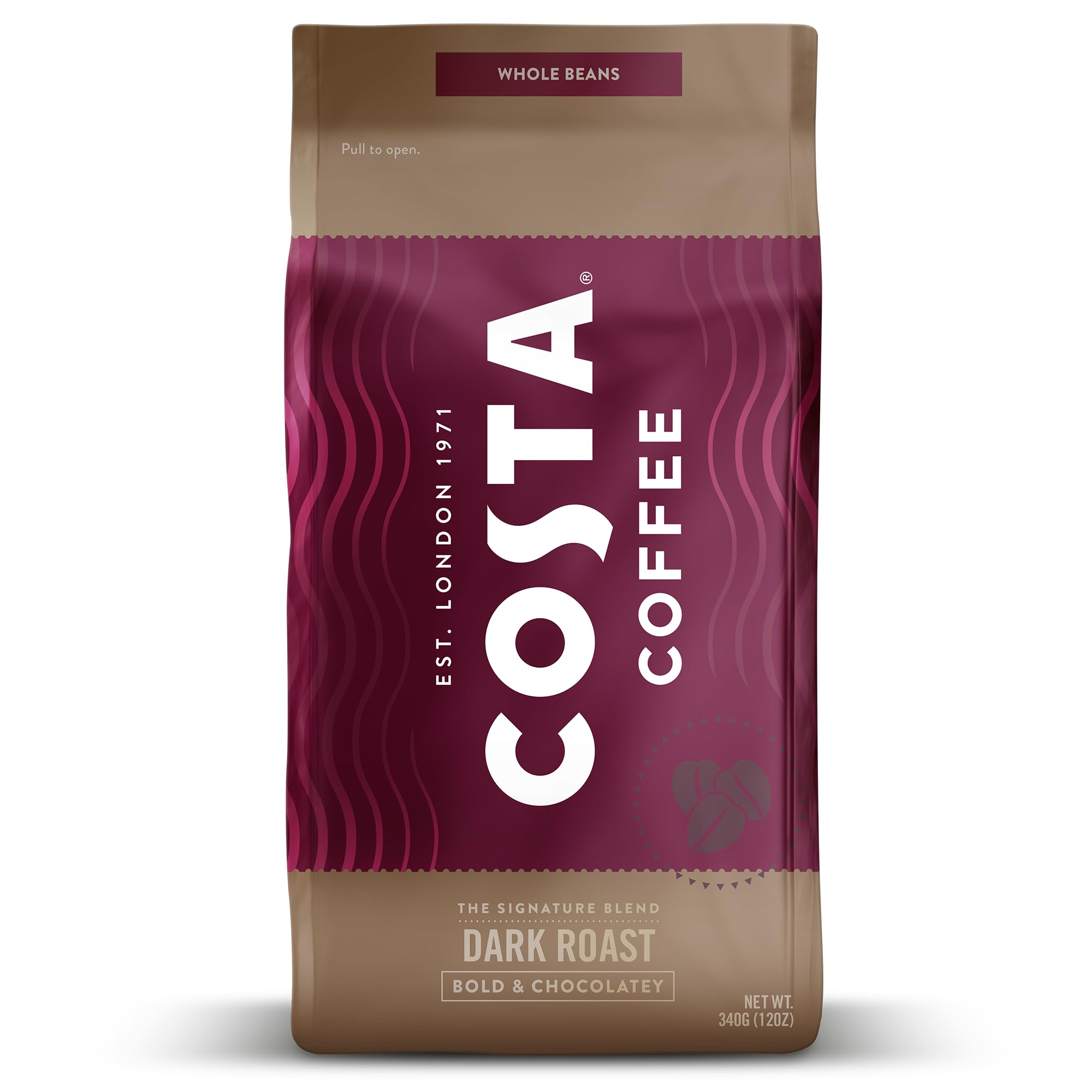 Costa Coffee Whole Bean Coffee, Signature Blend Dark Roast 12 Oz Bag for Drip & Pour Over, Smooth & Nutty, Slow Roasted 100% Arabica Beans