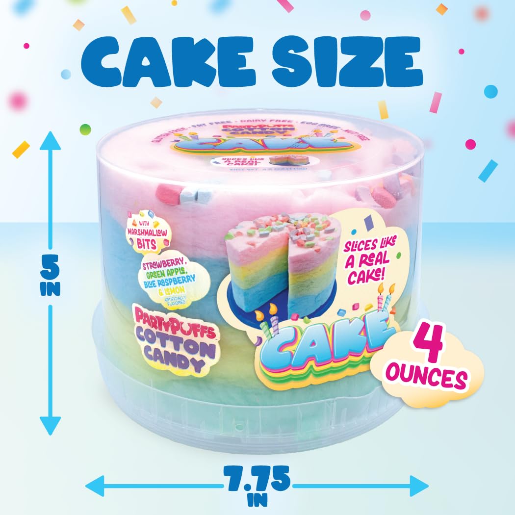 PartyPuffs 4oz Sliceable Cotton Candy Cake Tub - Strawberry Apple Blue Raspberry Lemon - Ready-to-Serve Gluten-Free Candy Dessert for Kids & Parties