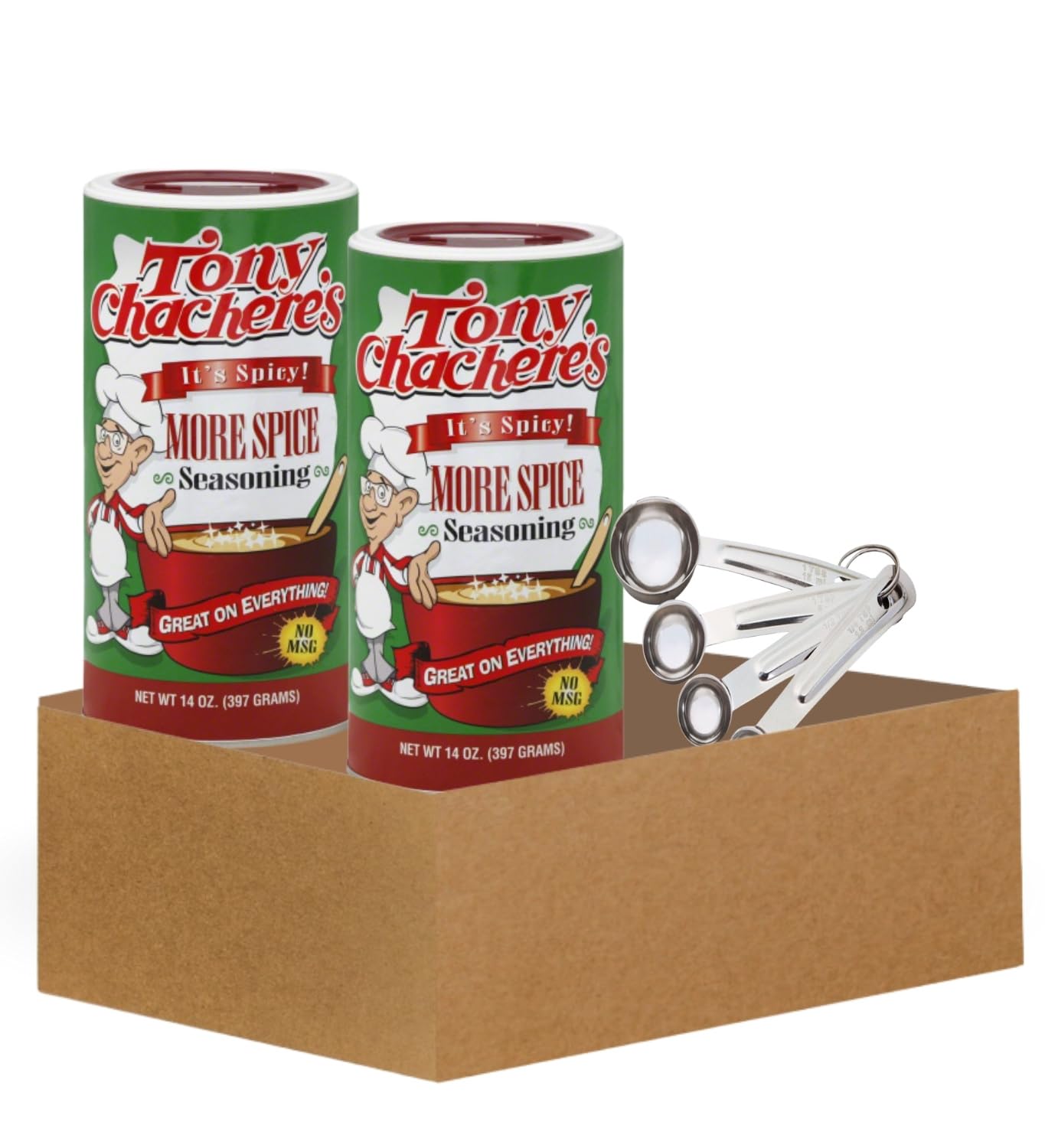 Tony's Seasoning - 2x Tony Chachere's More Spice 14 oz Bundle with Stainless Steel Measuring Spoon Set - Spicy Creole Seasoning for Cajun Cooking