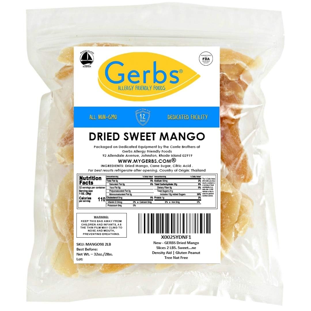 Gerbs Sweetened Dried Mango Slices 2 lbs. | Unsulfured, No Artificial Additives, Resealable Bag | Naturally Chewy & Sweet | Top 14 Allergen-Free
