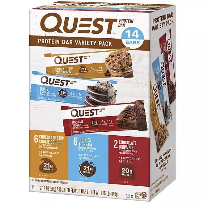 evsemo Quest Protein Bars Gluten Free, Variety Pack | Chocolate Chip Cookie Dough, Cookies & Cream and Chocolate Brownie Bars | (14 ct.)