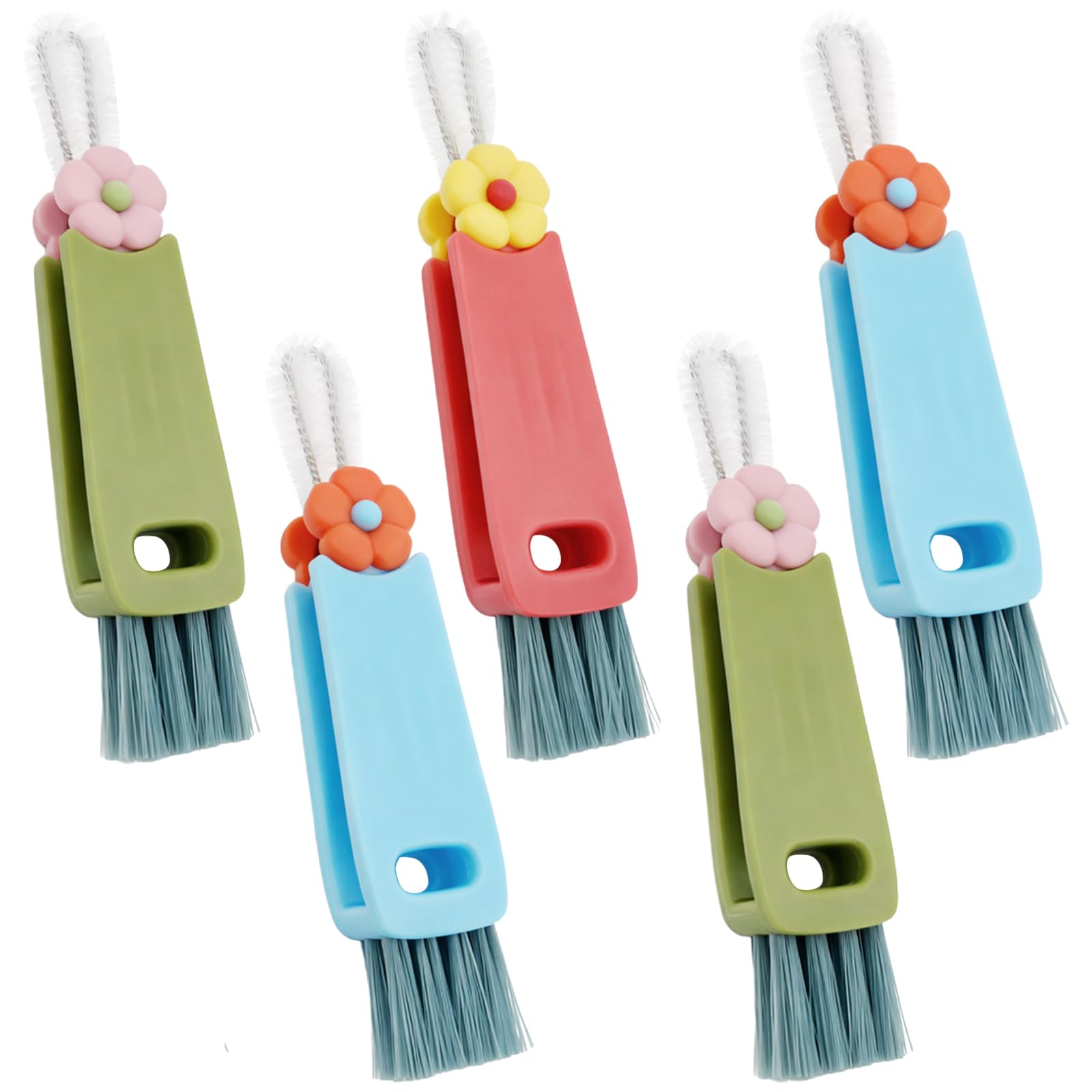 Gmlawsc 5 pc 3-in-1 Cup Lid Crevice Cleaning Brush Kit, Multi-Purpose Bottle Cleaner with Rotating Head, Kitchen Gap Cleaning Tools (Blue+Red+Green)
