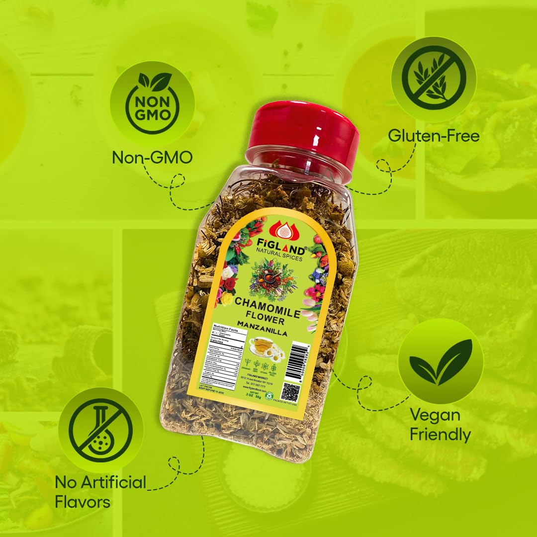 FIGLAND Natural Spices Chamomile Flower | Manzanilla Whole Dried Blossoms 2 oz | 100% Natural Herbal Chamomile Tea Ingredient | Premium Quality Dried
