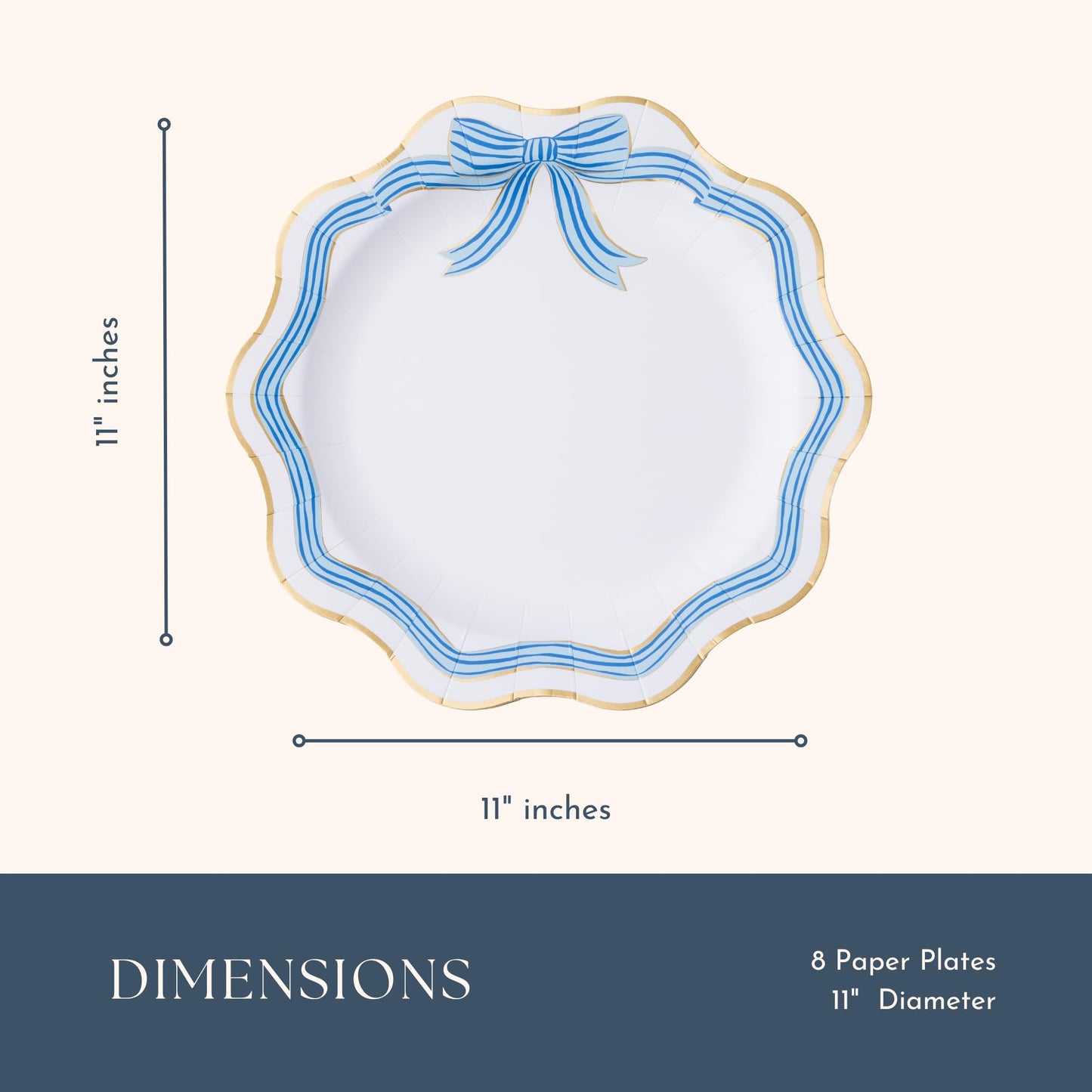 Bonjour Fête Blue & Gold Bow Paper Party Dinner Plates | Premium Paper Party Supplies |Gold Foil | Bridal & Baby Showers, Mother’s Day, Easter Brunch