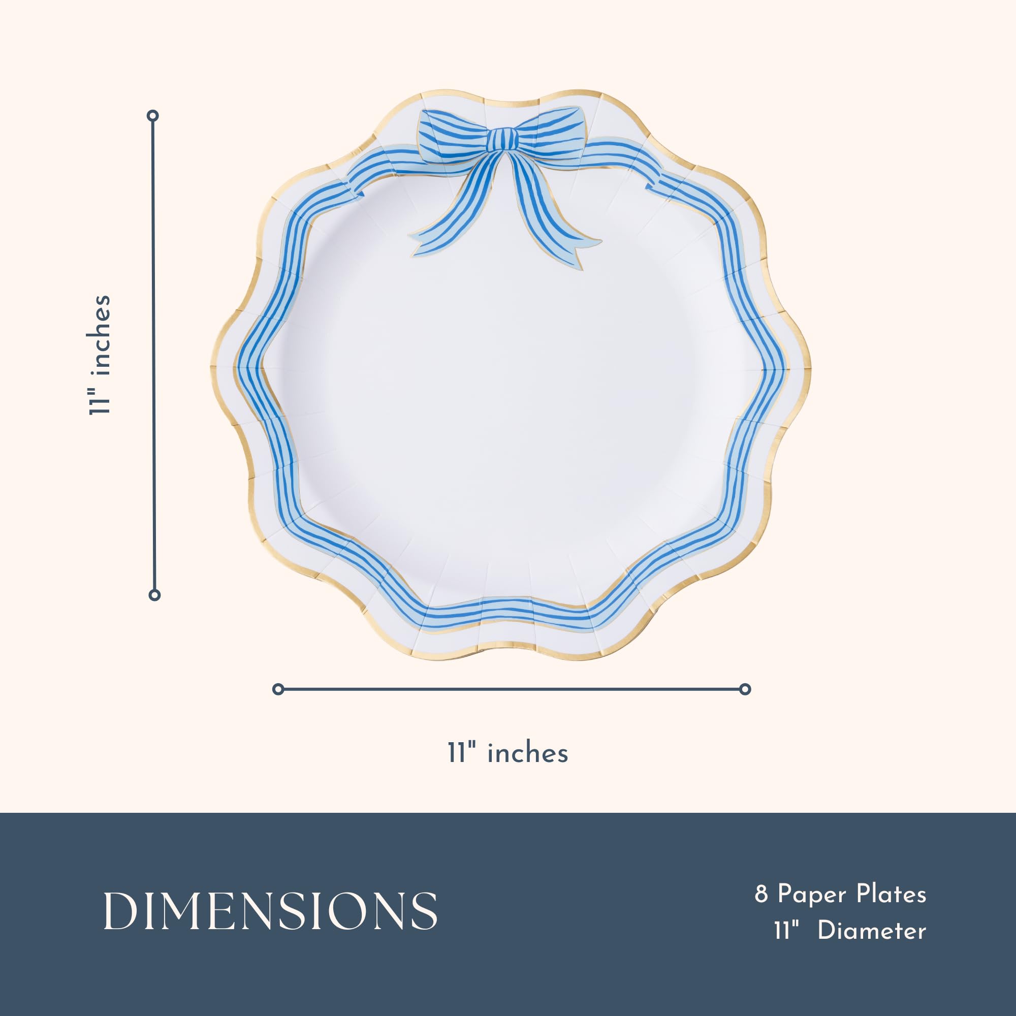 Bonjour Fête Blue & Gold Bow Paper Party Dinner Plates | Premium Paper Party Supplies |Gold Foil | Bridal & Baby Showers, Mother’s Day, Easter Brunch