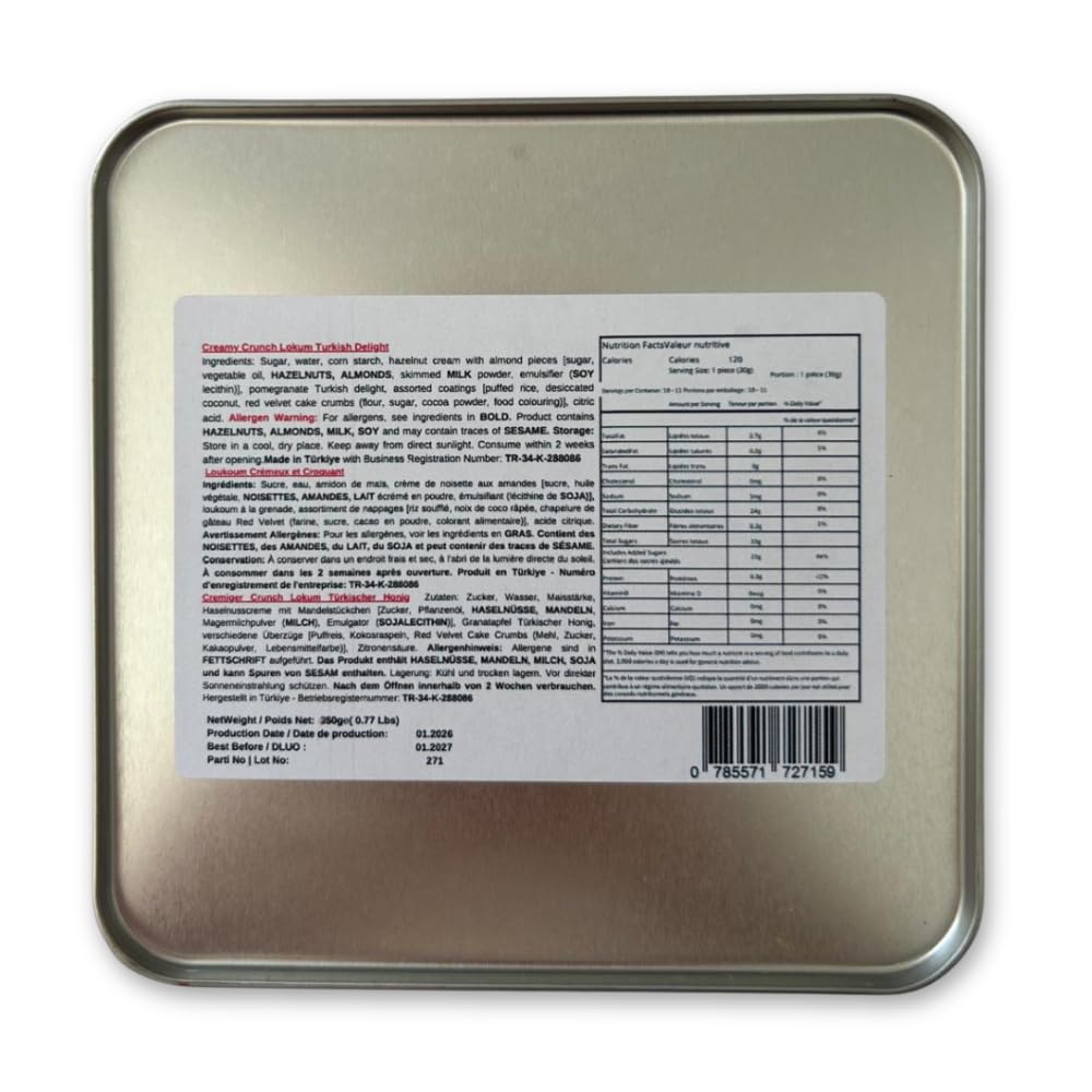 Mughe Gourmet Creamy Crunch Turkish Delight with Premium Nuts - 350g Lokum in Metal Gift Box - Authentic Snack & Dessert
