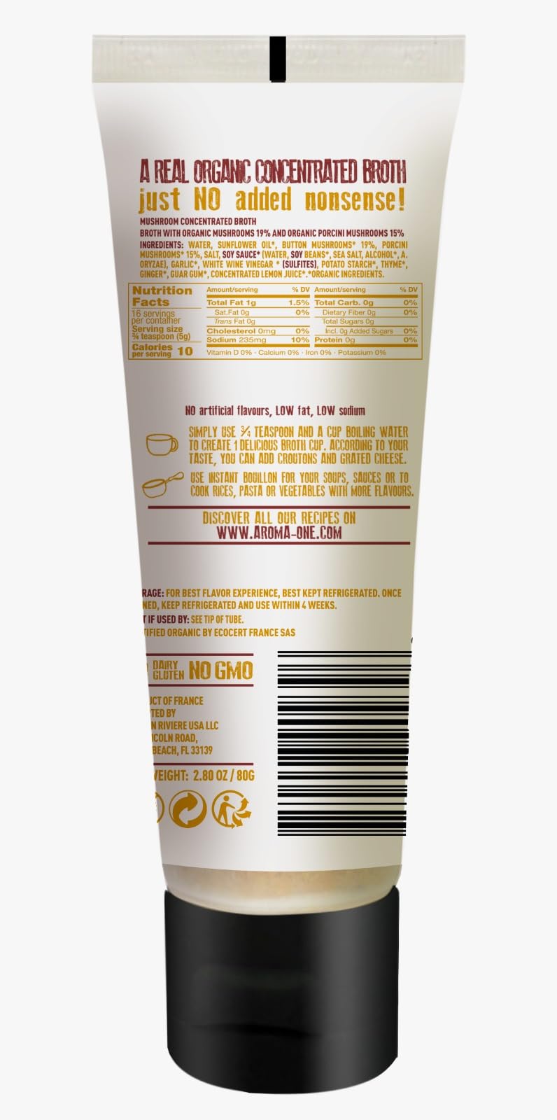 Aroma One Mushroom Broth Concentrate - Savory Vegetable Stock Base for Soups, Noodles & Risottos - Clean-Label Mushroom & Porcini Flavor - Easy Dilute