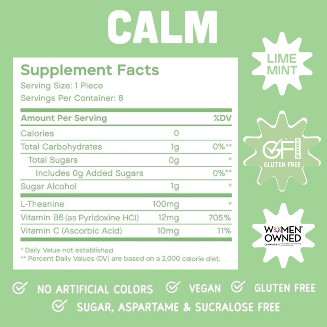 Chomp Gums CALM Chewing Gum, Sugar-Free with L-Theanine, Vitamin B6 & C, Gluten-Free, Aspartame & Sucralose Free, Lime Mint Flavor (1 Pack)