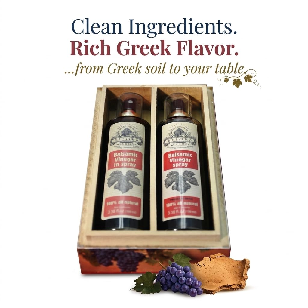 Ellora Farms, Balsamic Vinegar Spray bottle, clog-free pump, barrel aged, Greece, 3.38 oz X 2 Glass bottles in Handcrafted Wooden Gift Box