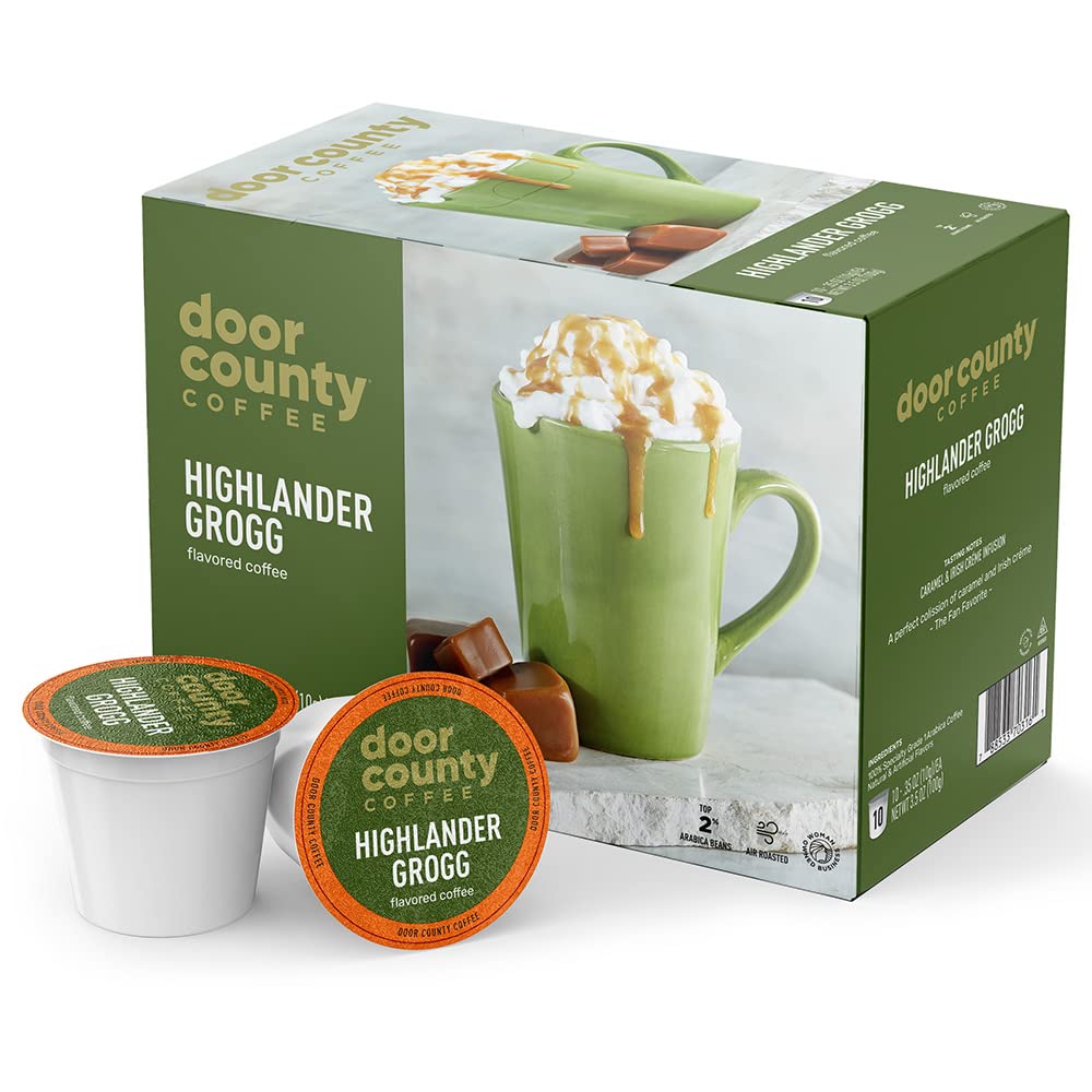 Door County Coffee Highlander Grogg Flavored Ground - 10 Count Single Serve Cups - Medium Roast - 100% Specialty Arabica - Flavored Gourmet - Caramel