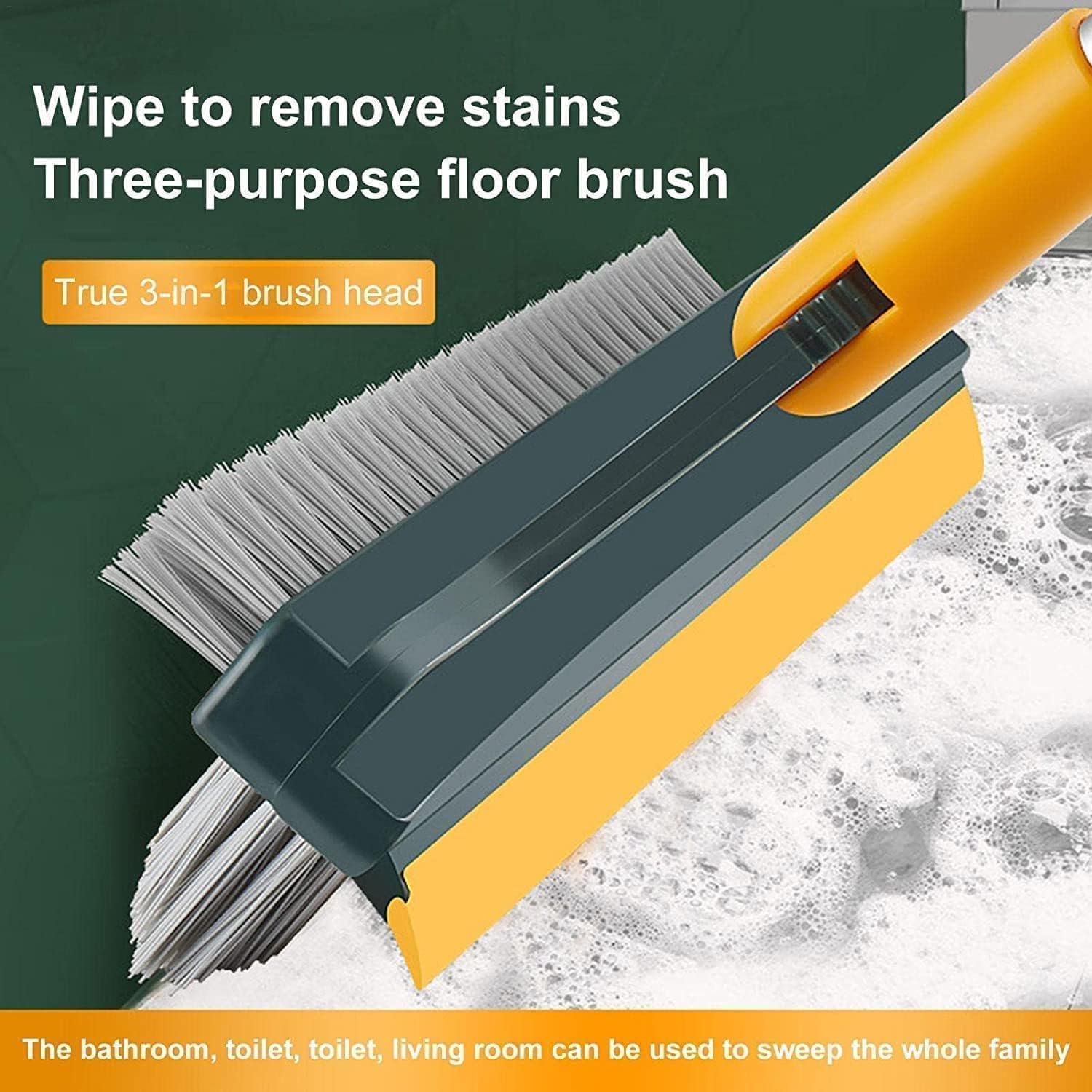 3-in-1 Bathroom Cleaning Brush with Wiper, 180° Rotating Long Handle Floor & Toilet Cleaning Brush for Tiles, Bathroom & Kitchen (Multicolor)