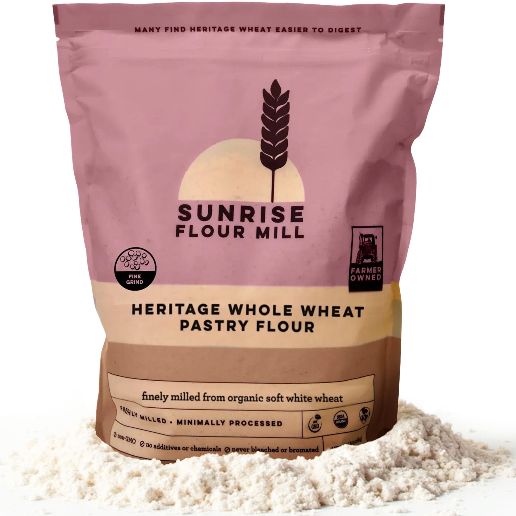 Sunrise Flour Mill USDA Organic Heritage Whole Wheat Pastry Flour - 2 lbs | Great for Gluten Sensitive People | Easier to Digest with Less Bloating |