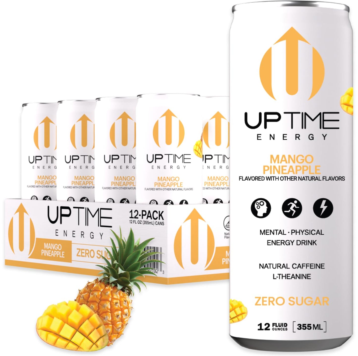UPTIME Energy Drink, Mango Pineapple, 12 Pack, Vitamin C, L Theanine, Calcium, Sugar Free Energy Drinks for Focus Support, 142mg of Natural Caffeine