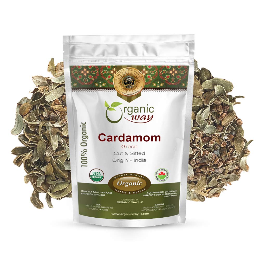 Organic Way Green Cardamom Cut & Sifted, Hari Elaichi (Elettaria cardamomum) - Adds Flavour | Organic & Kosher Certified | Non GMO & Gluten Free |