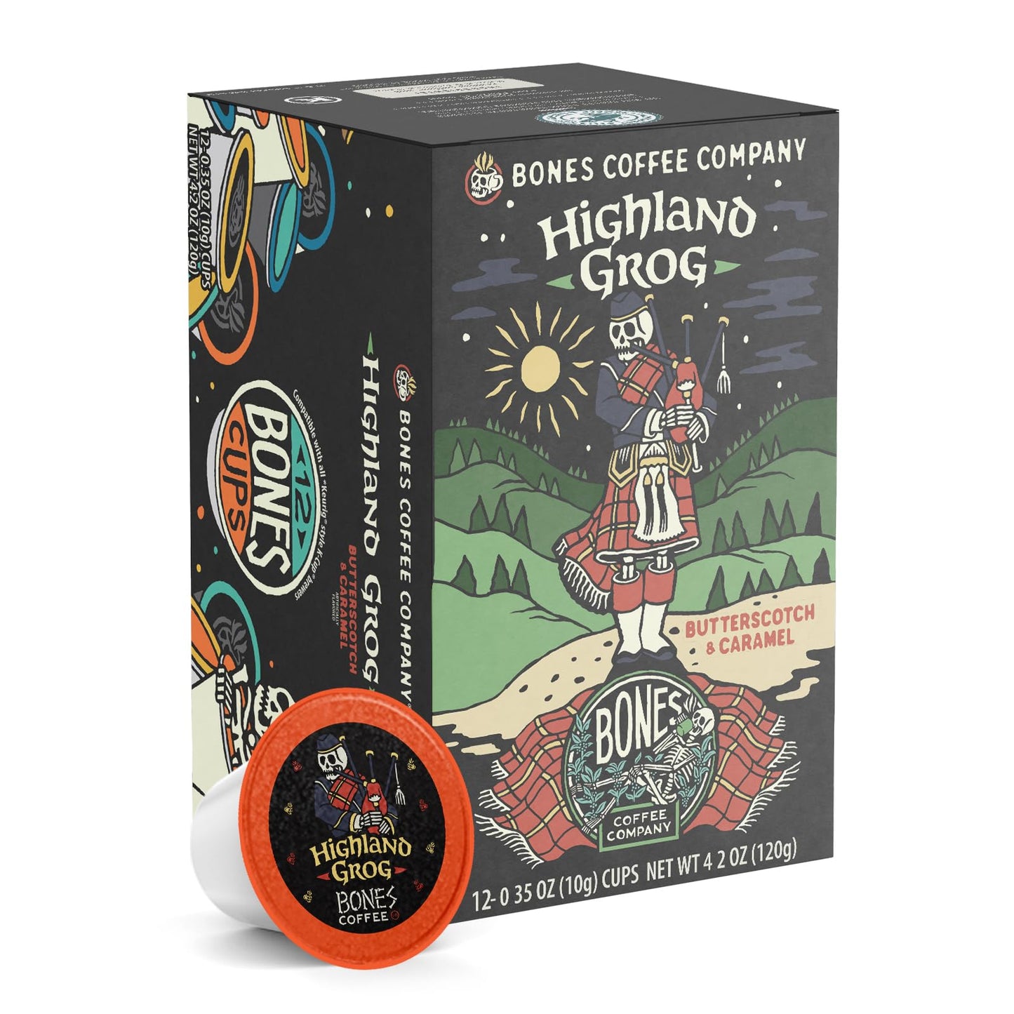 Bones Coffee Company Flavored Coffee Bones Cups Highland Grog Butterscotch Caramel | 12ct Single-Serve Coffee Pods Compatible with Keurig 1.0 & 2.0