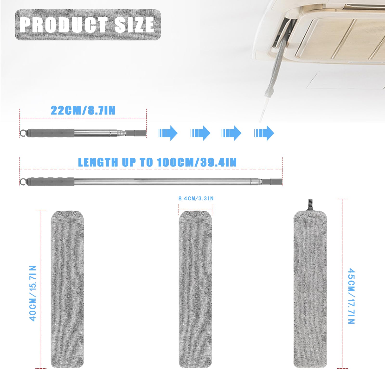 Retractable Gap Dust Cleaner, 40” Flat Cleaner with Hanging Hook, Bendable and Detachable Head Microfiber Duster, Washable Dust Brush for Home, AC