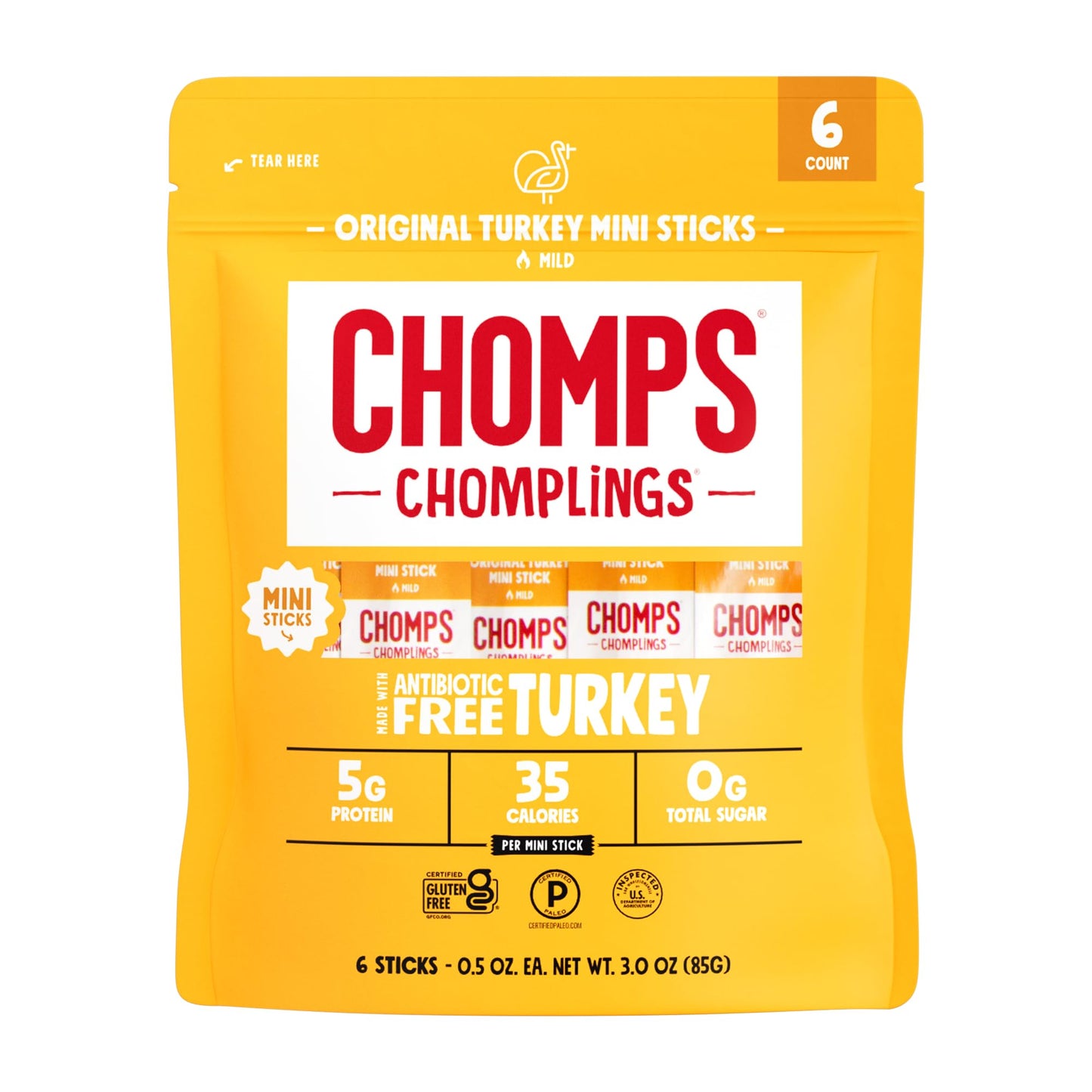 CHOMPS MINI Free Range Turkey Jerky Meat Snack Sticks, Original Turkey, 0.5 Ounce (Pack of 6)