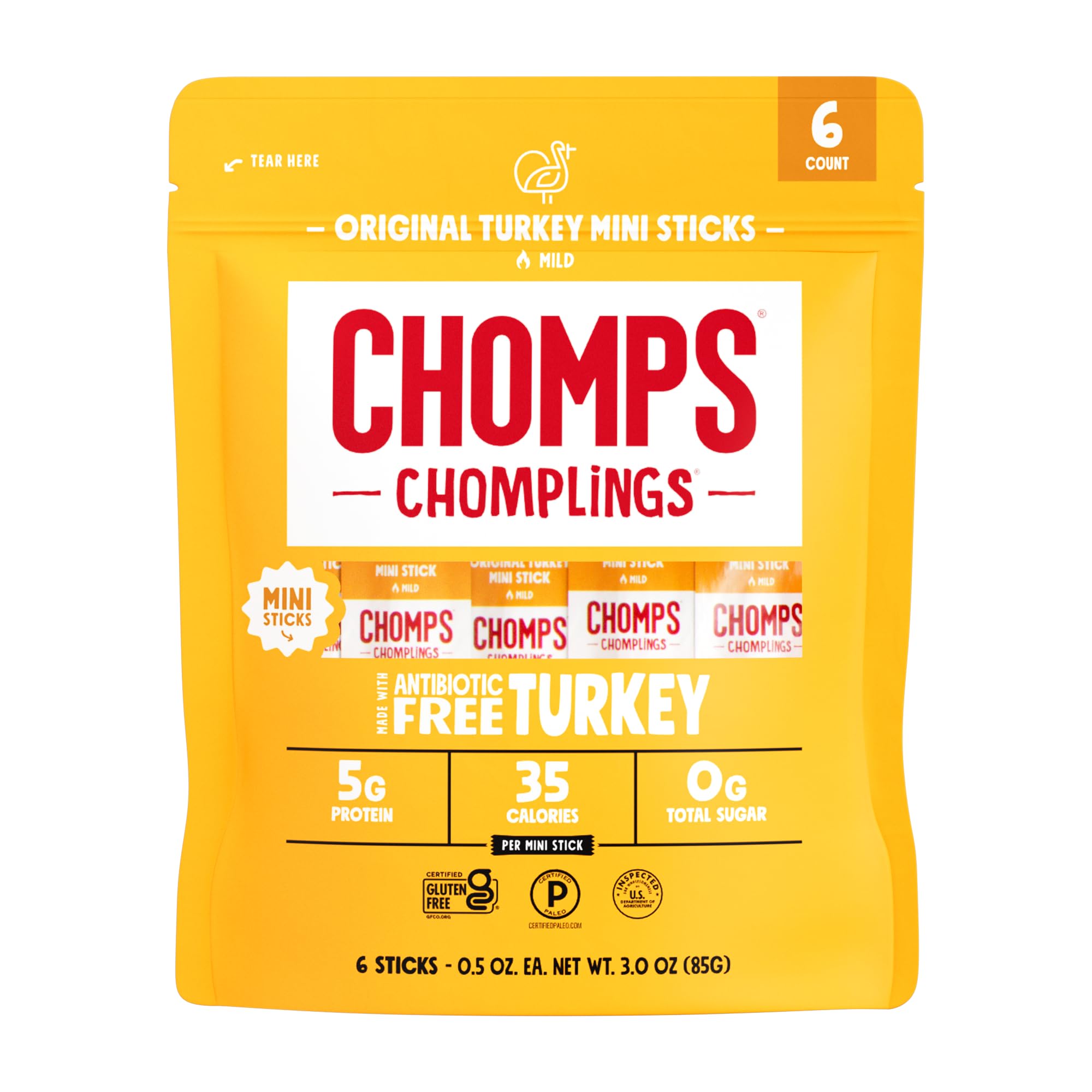 CHOMPS MINI Free Range Turkey Jerky Meat Snack Sticks, Original Turkey, 0.5 Ounce (Pack of 6)