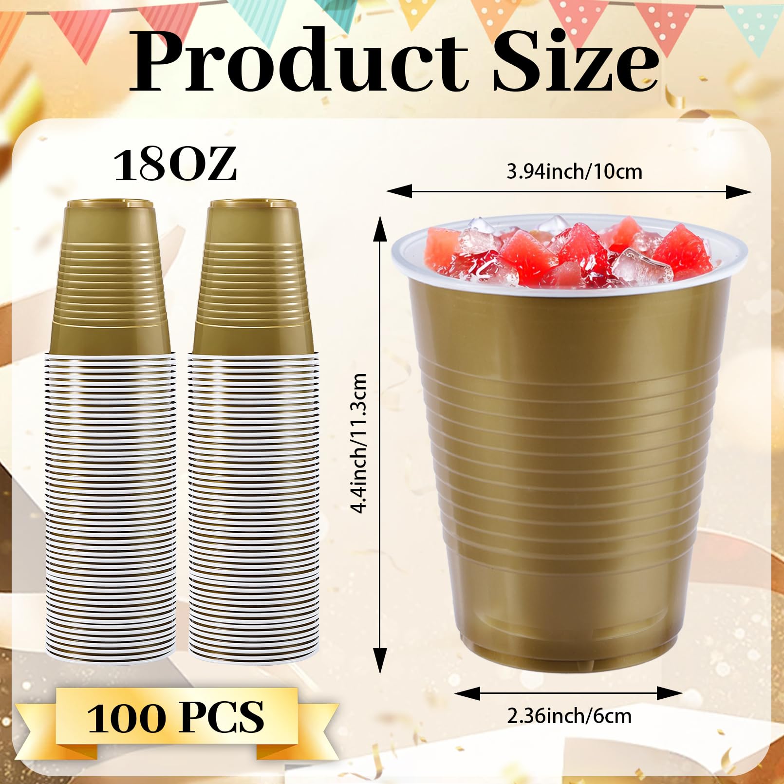 Xvvirnt 100 Pack Gold Plastic Cups, 18 oz Gold Graduation Cup,Plastic Party Cups,Disposable Cup for Party Wedding Birthday Graduation Family