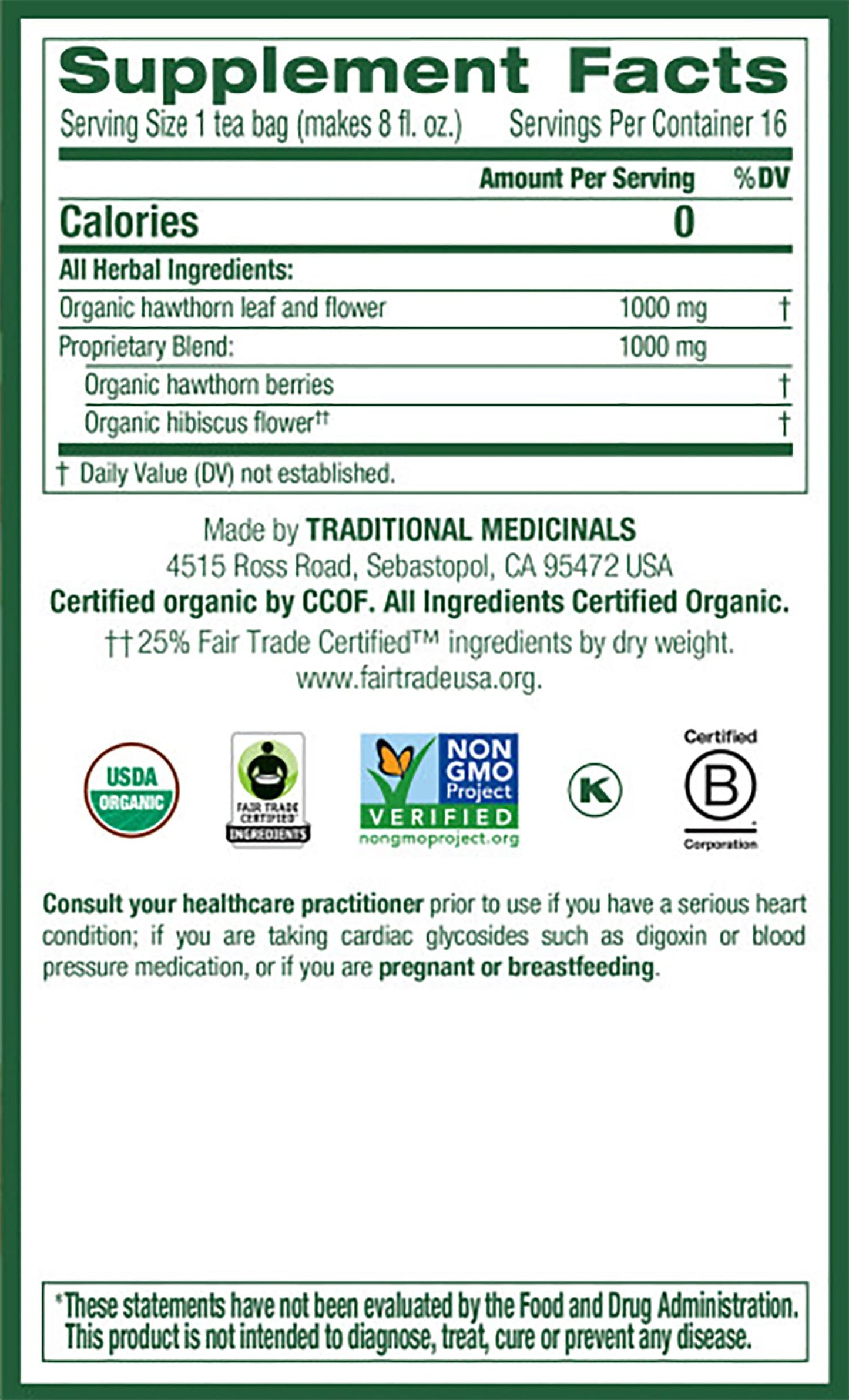 Traditional Medicinals Tea, Organic Hawthorn & Hibiscus, Promotes Heart Health, 16 Tea Bags (1 Pack)