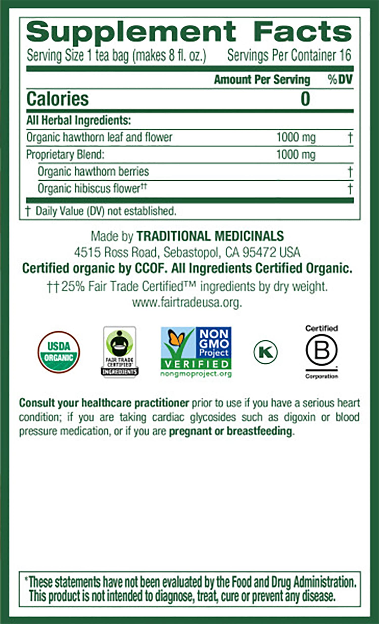 Traditional Medicinals Tea, Organic Hawthorn & Hibiscus, Promotes Heart Health, 16 Tea Bags (1 Pack)