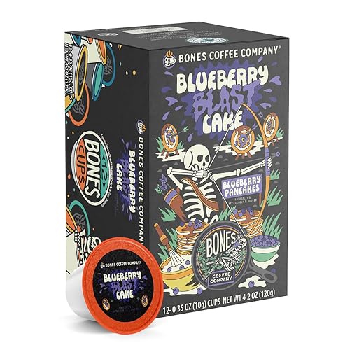 Bones Coffee Company Blueberry Blast Cake, Blueberry Pancake Flavored Coffee Pods, Low Acid Medium Roast Single-Serve Bones Cups, For 1.0 & 2.0 K-Cups