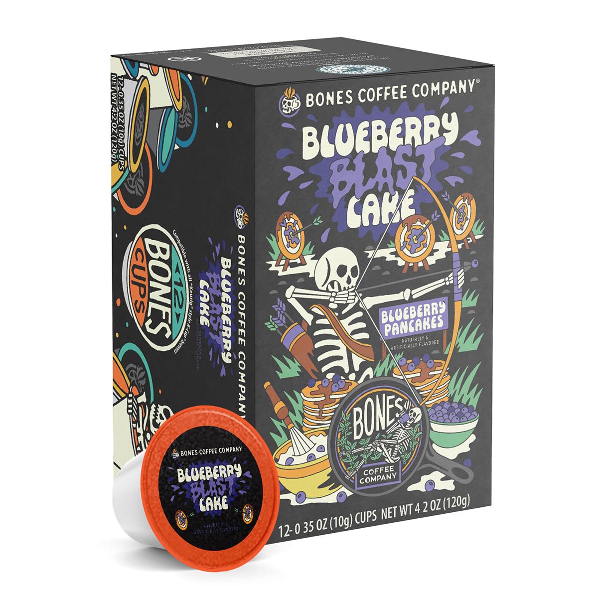 Bones Coffee Company Blueberry Blast Cake, Blueberry Pancake Flavored Coffee Pods, Low Acid Medium Roast Single-Serve Bones Cups, For 1.0 & 2.0 K-Cups
