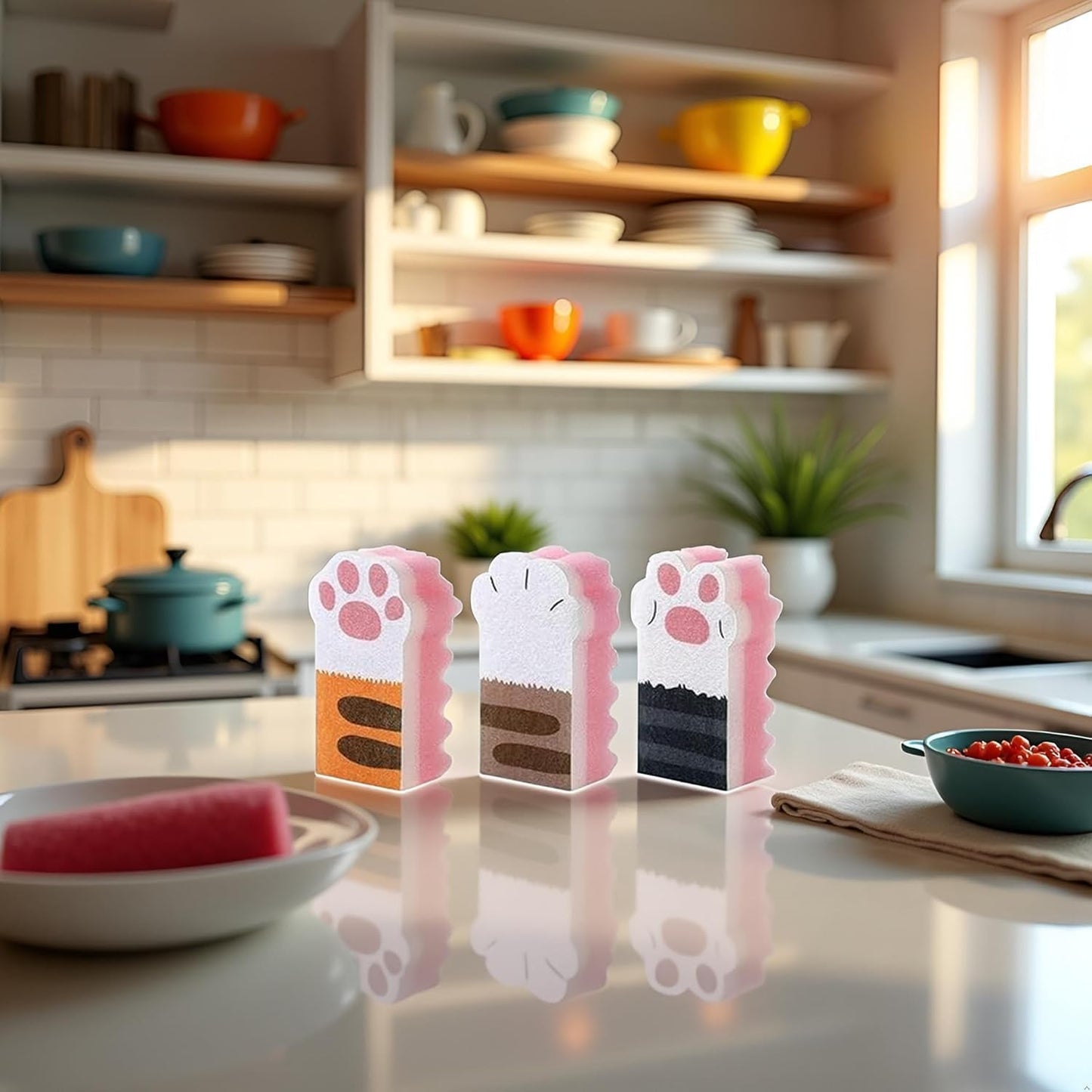 3Pcs Pink Random Style Cat Claw Design Kitchen Cleaning Sponges,Cute Household Cleaning Tool,Claw Design Non-Scratch Dishwashing Scrub Sponge Kitchen