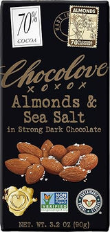 Chocolove, Chocolate Bar Dark Almonds Sea Salt 70%, 3.2 Ounce